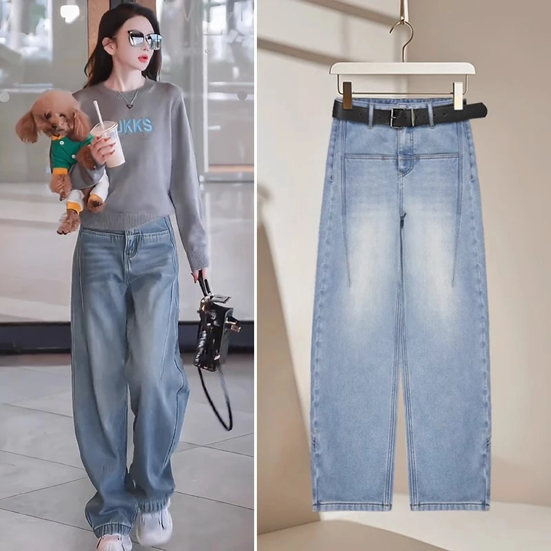 宽松牛仔裤女春季裤子2025新款今年流行爆款弯刀裤高腰镰刀香蕉裤