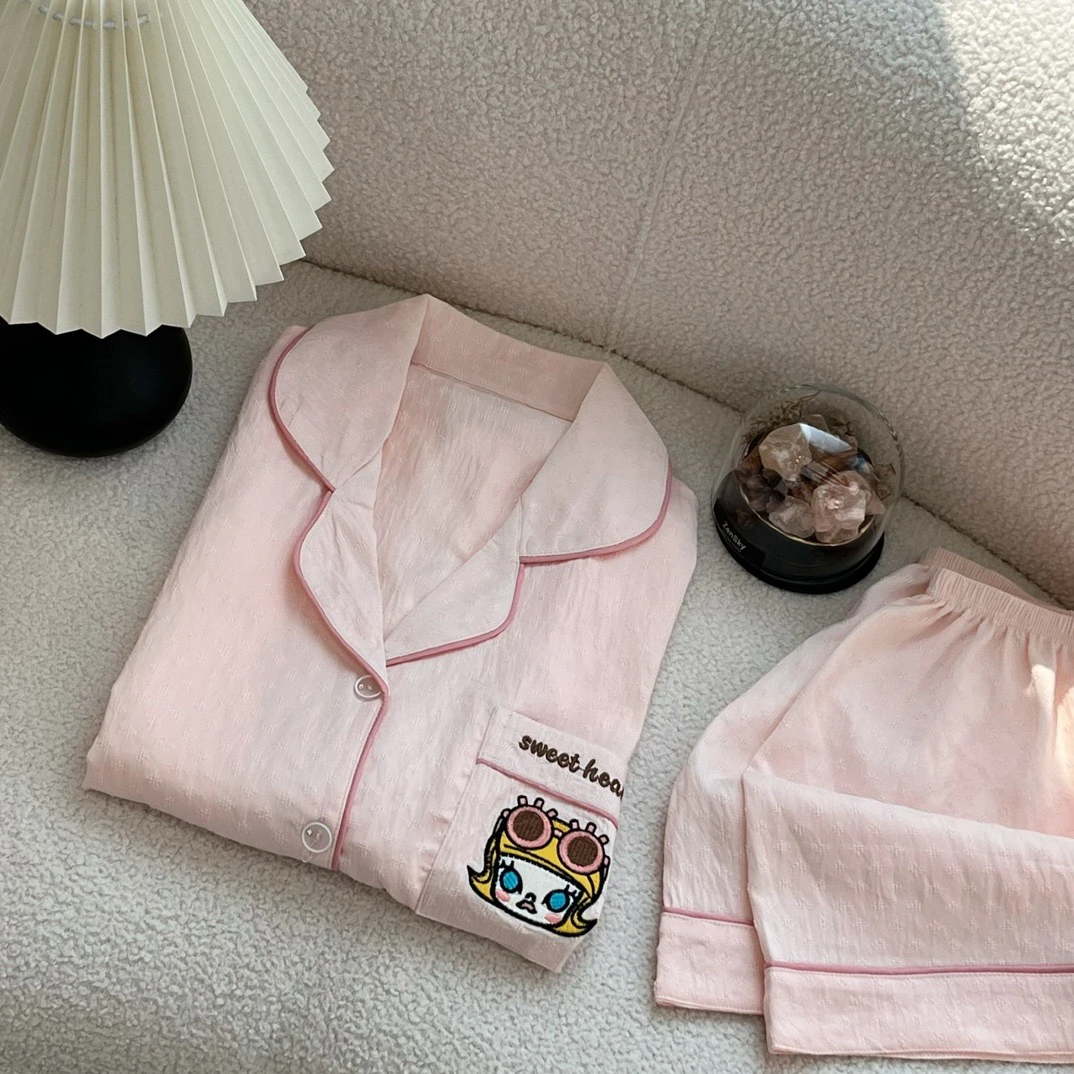 2025女士短袖新款睡衣翻领卡通休闲短袖短裤梭织薄款家居服