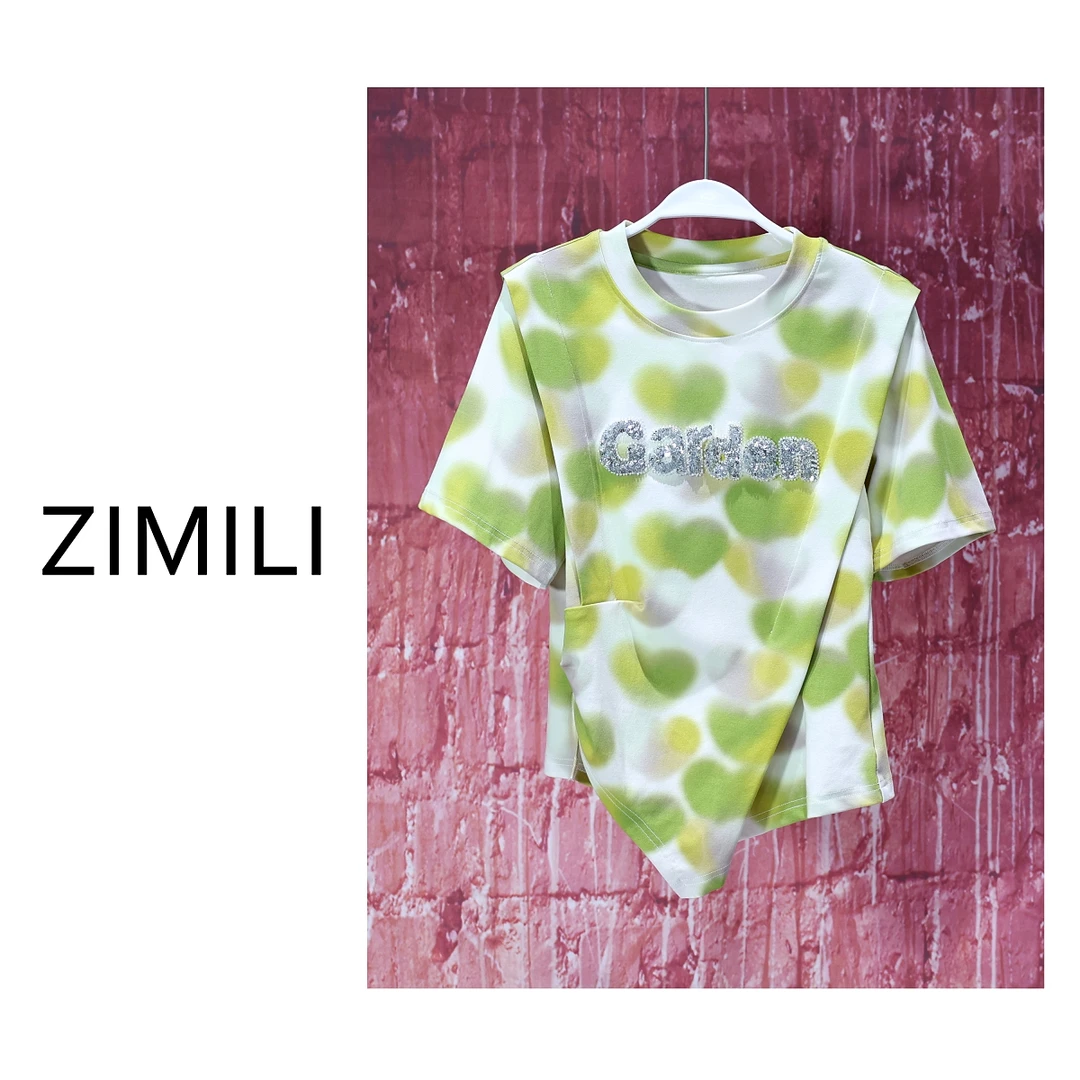 【程二女装】夏季轻薄绿黄爱心波点印花拼接收腰显瘦T恤 7953