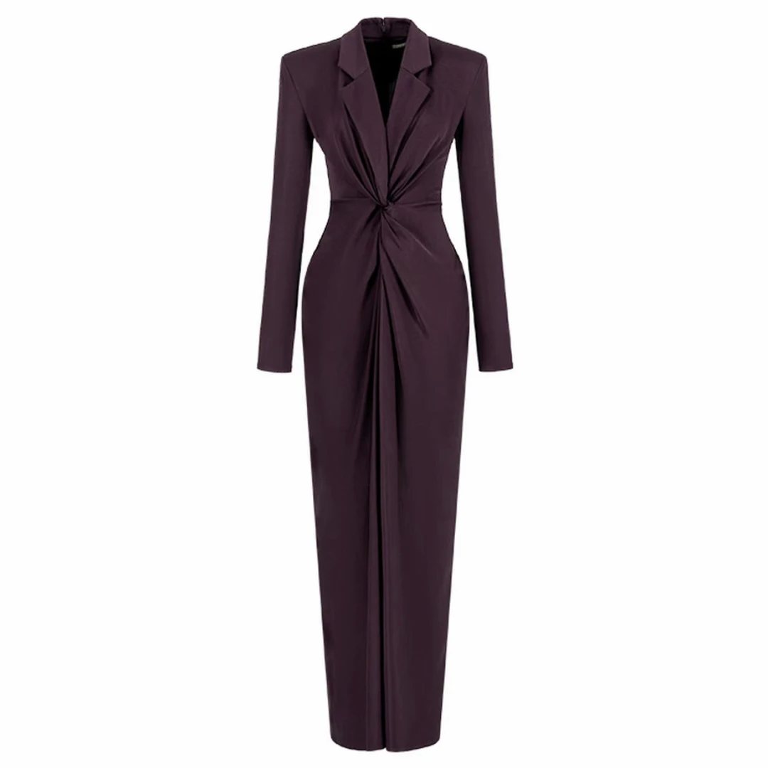 名媛风高端时尚腰部扭结连衣裙秋季新款长款连衣裙