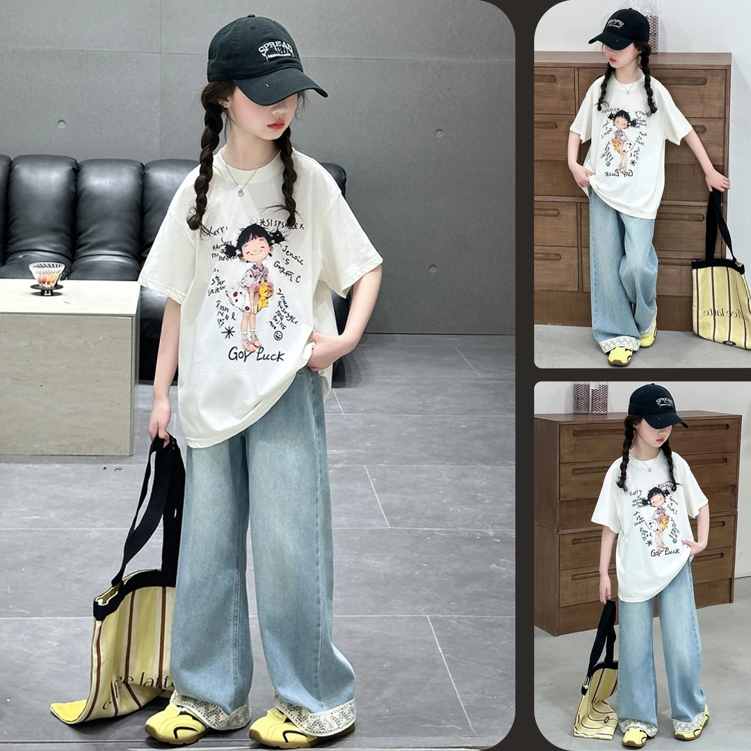 女童卡通短袖牛仔裤套装6~12岁中大童休闲洋气宽松时尚新款时髦