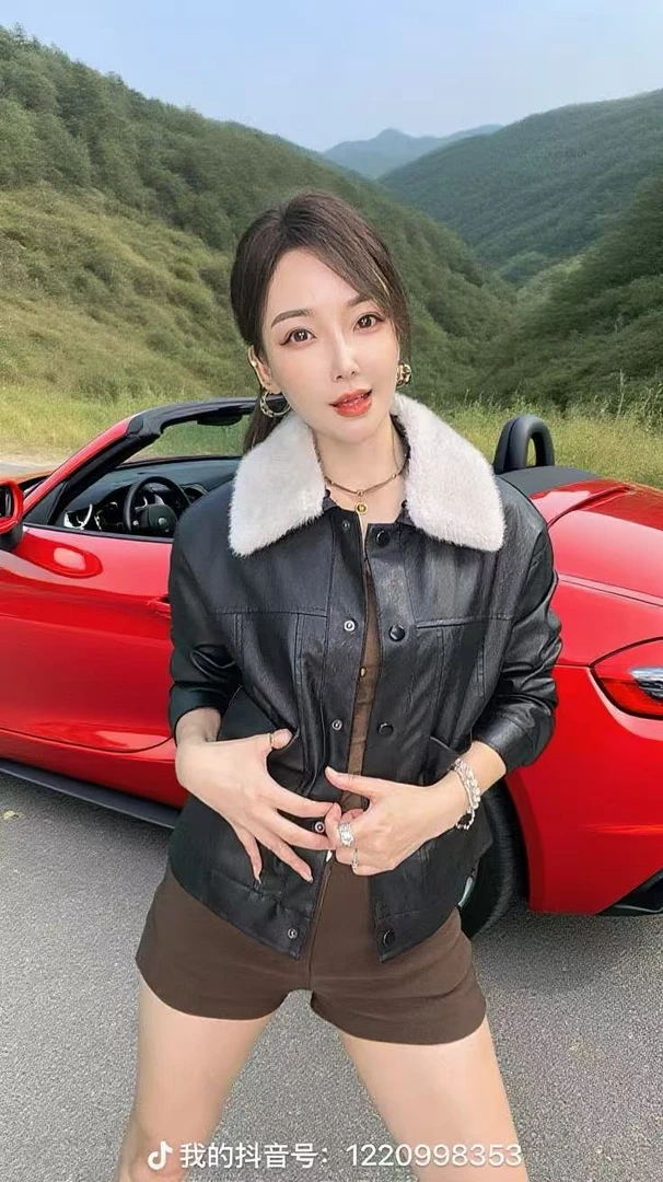 【爆款上新】海宁新款女装短款秋冬加绒毛领翻领女士休闲百搭皮衣