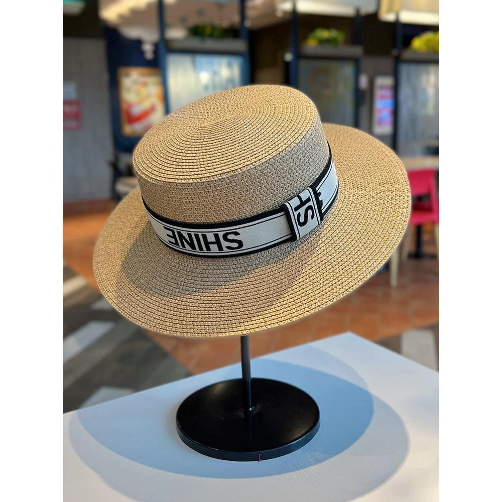 法式名媛平顶草编礼帽女夏季出游度假海边沙滩帽英伦复古太阳帽子