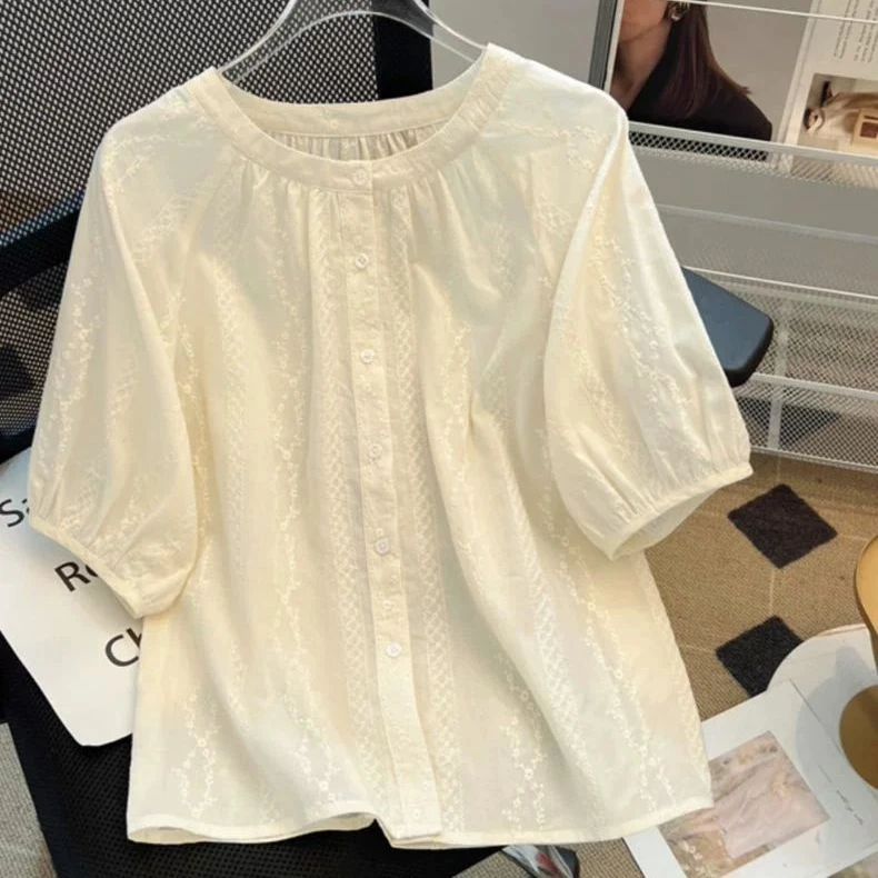 清仓捡漏法式复古绣花短袖衬衫女2025夏季新款显瘦娃娃衫衬衣女潮