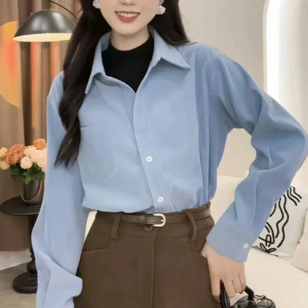 秋冬半高领拼接假两件长袖衬衫女宽松叠穿通勤衬衣772