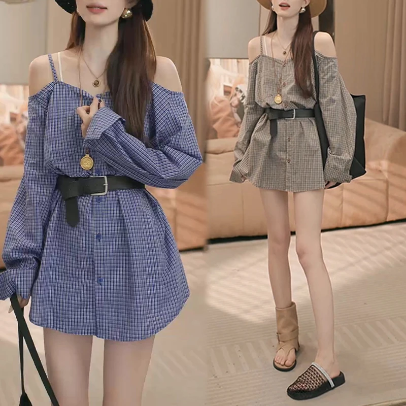 法式气质露肩长袖格子衬衫连衣裙女夏季新款收腰显瘦小个子短裙子