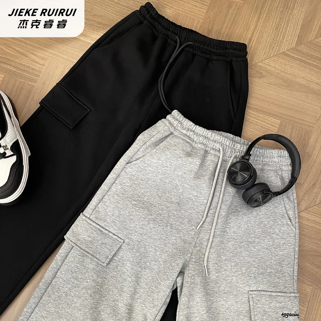 【现货-凯】加绒新潮牌简约直筒假口袋卫裤宽松大童亲子装杰克睿睿