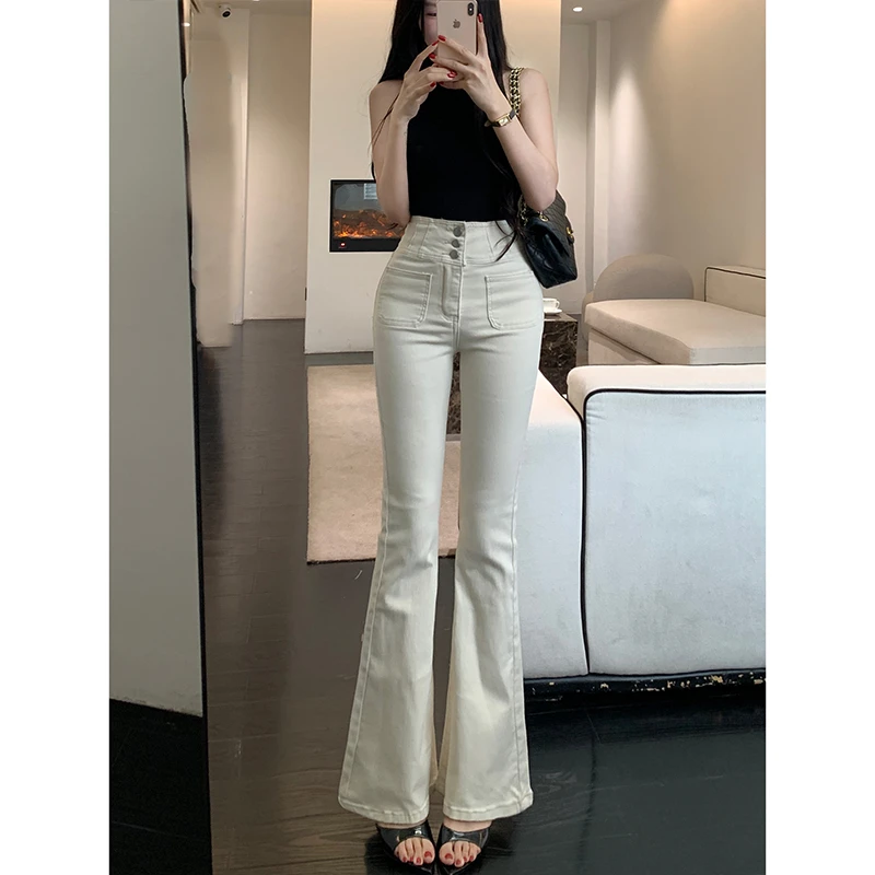 弹力提臀排扣微喇牛仔裤女2025冬季新款高腰显瘦长腿气质长裤