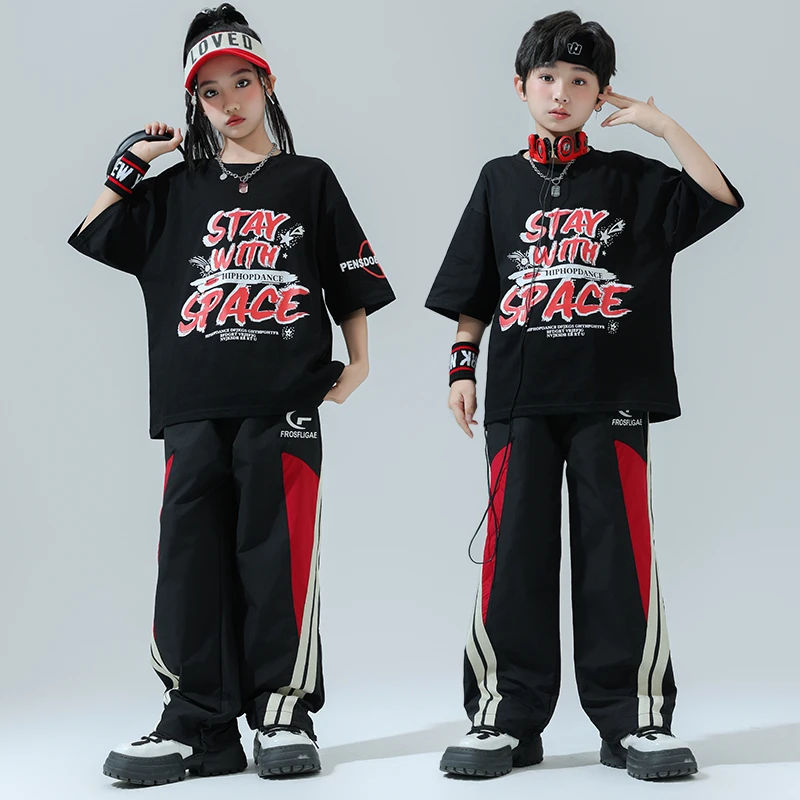 街舞儿童嘻哈演出服男女童帅气T恤hiphop架子鼓服少儿舞蹈团体服
