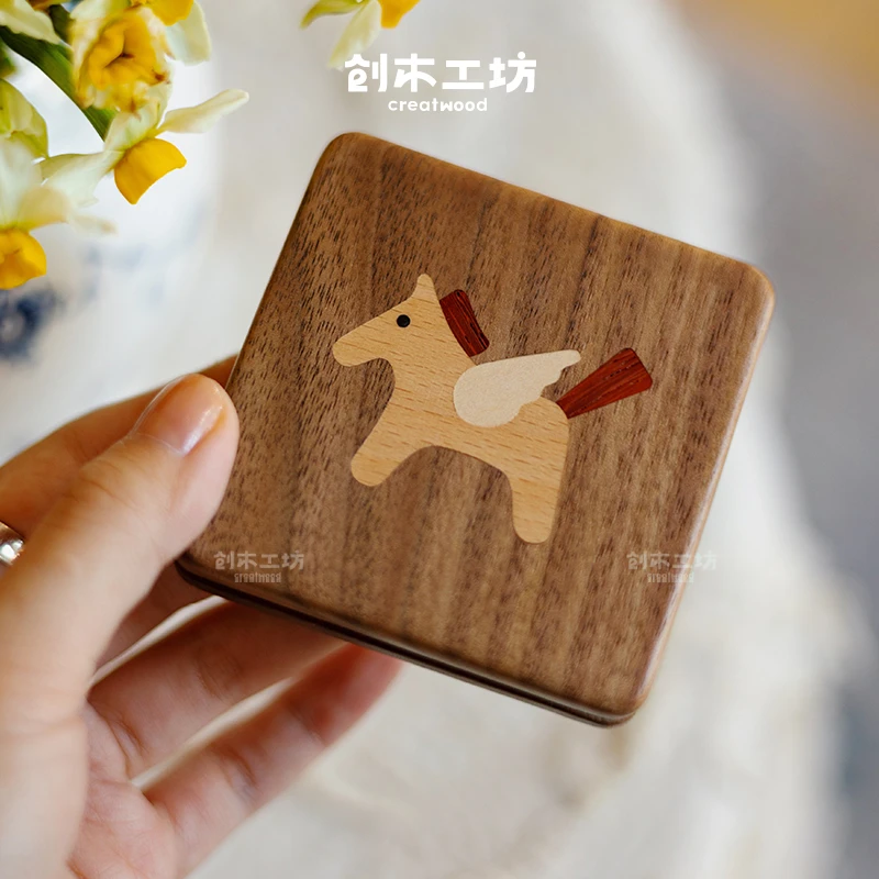小飞马随身镜 /创木工坊黑胡桃木原木复古设计化妆镜子女生礼物