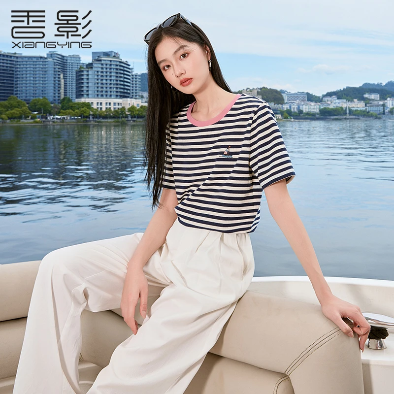 【直播专享】X842338 T恤 香影条纹女短袖年夏季新款宽松时尚休闲