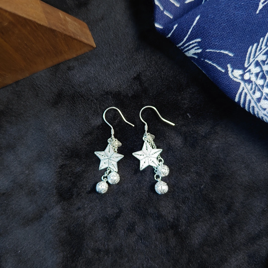 足银银制品 苗族璀璨之星足银耳环气质时尚百搭轻奢