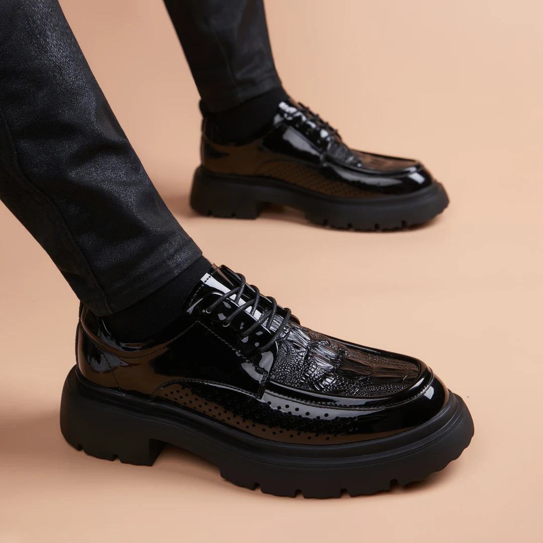 夏季透气德比鞋打孔细带休闲皮鞋英伦风增高学院风厚底车缝线胶粘