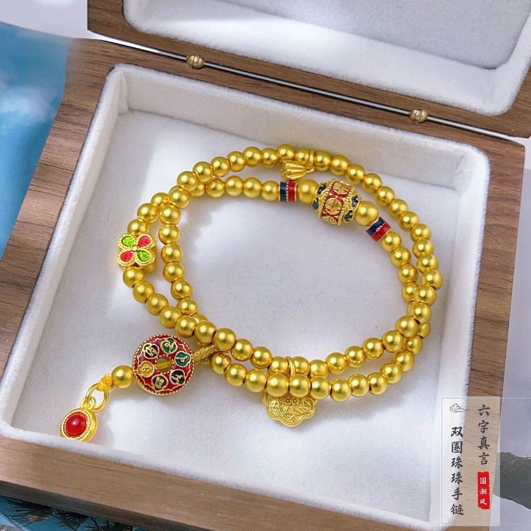 【矿金手工制作】古法珐琅彩六字真言转运珠手串百搭双圈叠戴手链