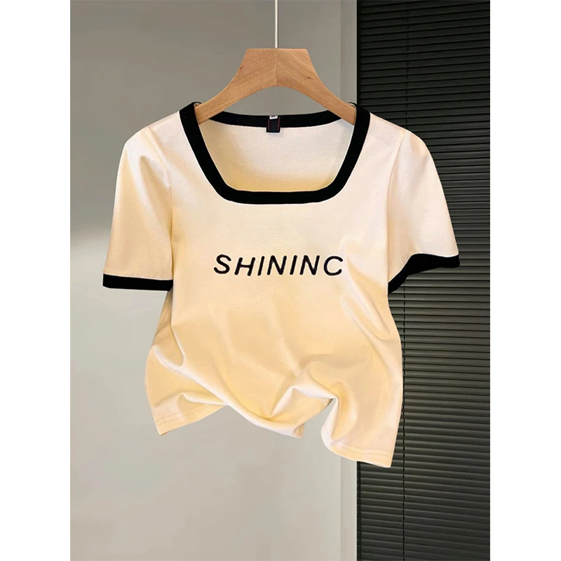 大码200斤美式复古方领正肩拼接撞色遮肚显瘦设计感短袖t恤女上衣