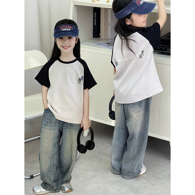 时尚儿童休闲短袖黑白拼色T恤韩版印花儿童上衣童装女童