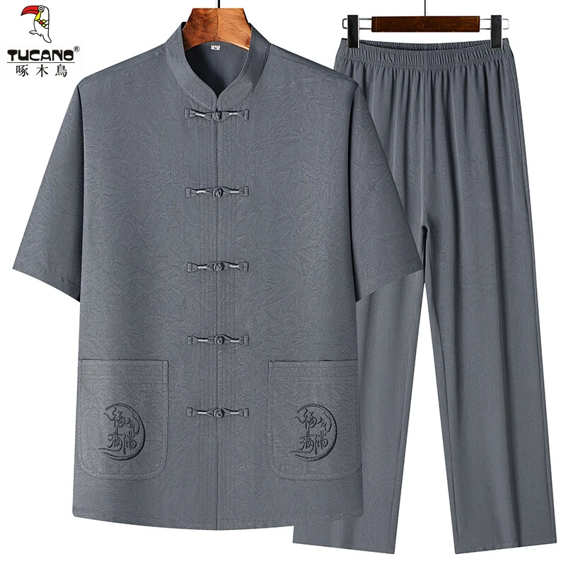 啄木鸟夏季薄款冰丝短袖衬衫爸爸套装男中老年休闲中国风两件套