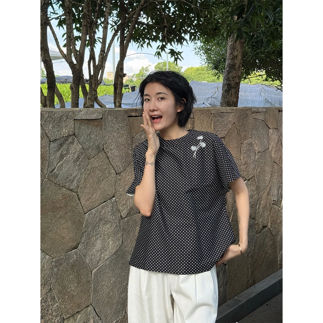 LANGQING 圆领波点绣夏季设计感小众舒适上衣44396#