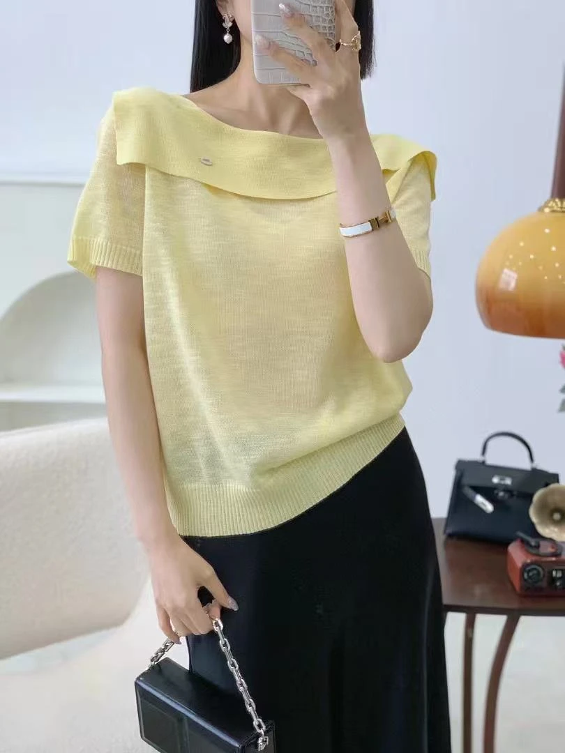 0487#大码针织衫短袖女2025夏季新款气质一字领别致设计感上衣