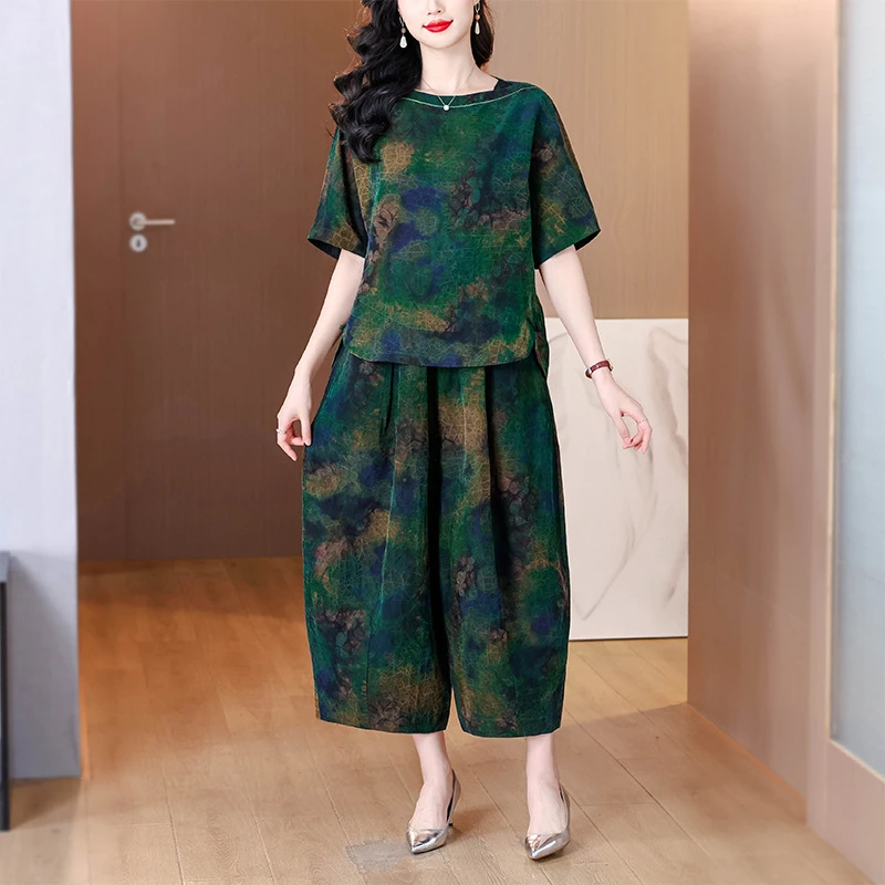 ys8883复古文艺套装2025夏季妈妈装松紧高腰萝卜裤印花T恤两件套