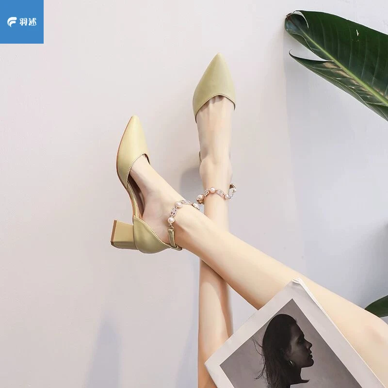 包头凉鞋女夏季2025年新款中跟粗跟仙女风淑女尖头一字带高跟单鞋