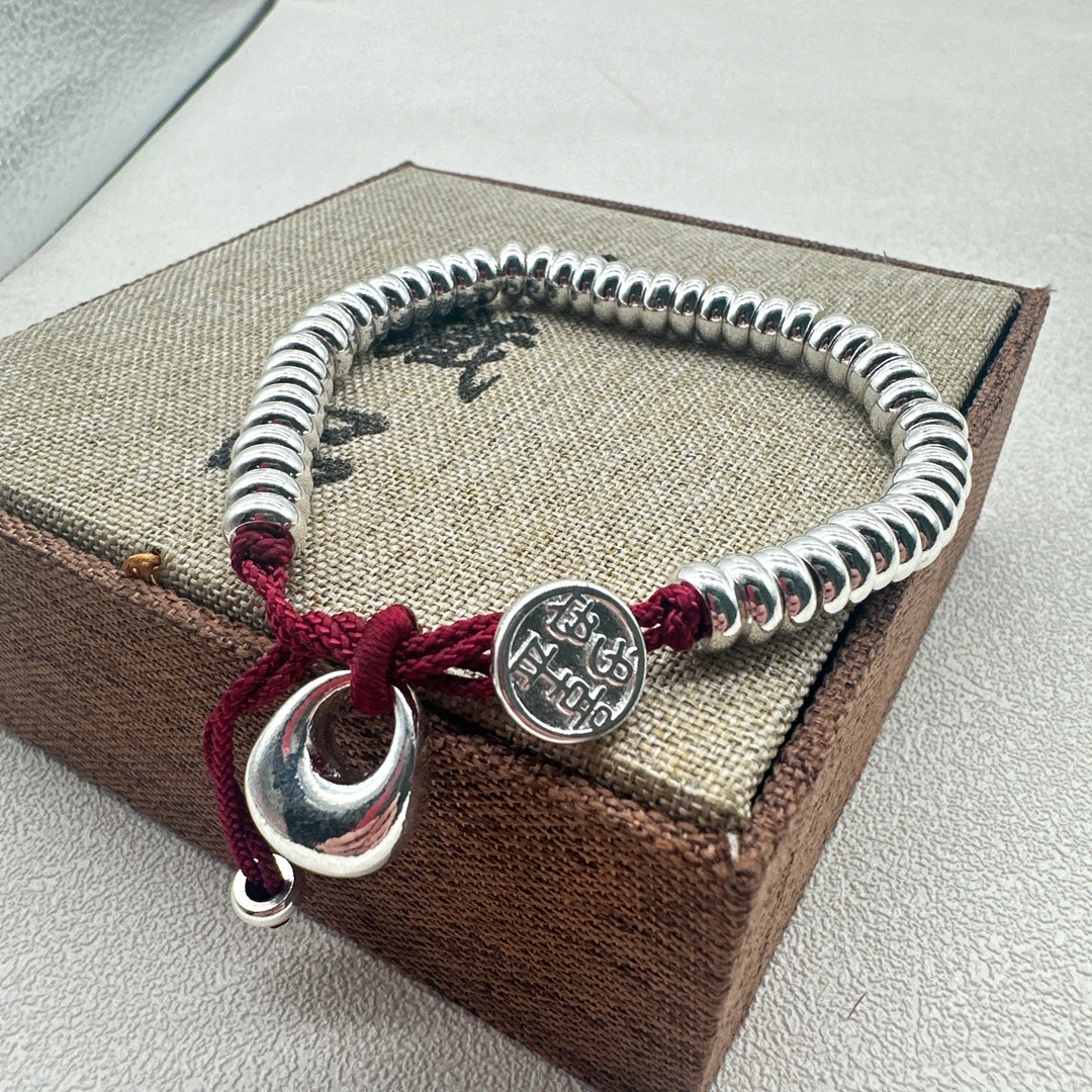 足银手镯 百搭红盘缠手链时尚个性编绳珠珠手串可调节手工光珠