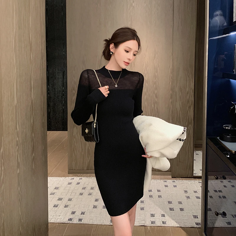 林关关 【敲顶曲线】 黑色拼接修身包臀连衣裙性感百搭显瘦气质长裙