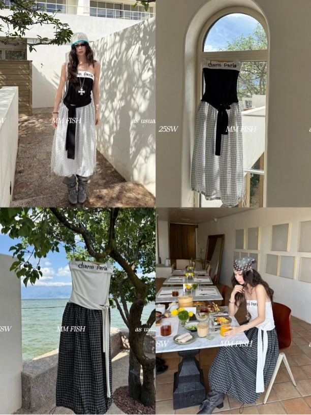 馒头 福（1mtq227#）慵懒格子系！美式辣妹绑带抹胸连衣裙 7-9