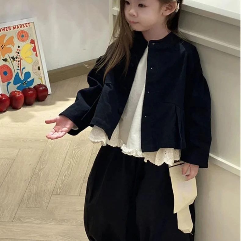 2025童装女童潮酷穿搭套装春季2025新款儿童黑色时尚外套灯笼裤三