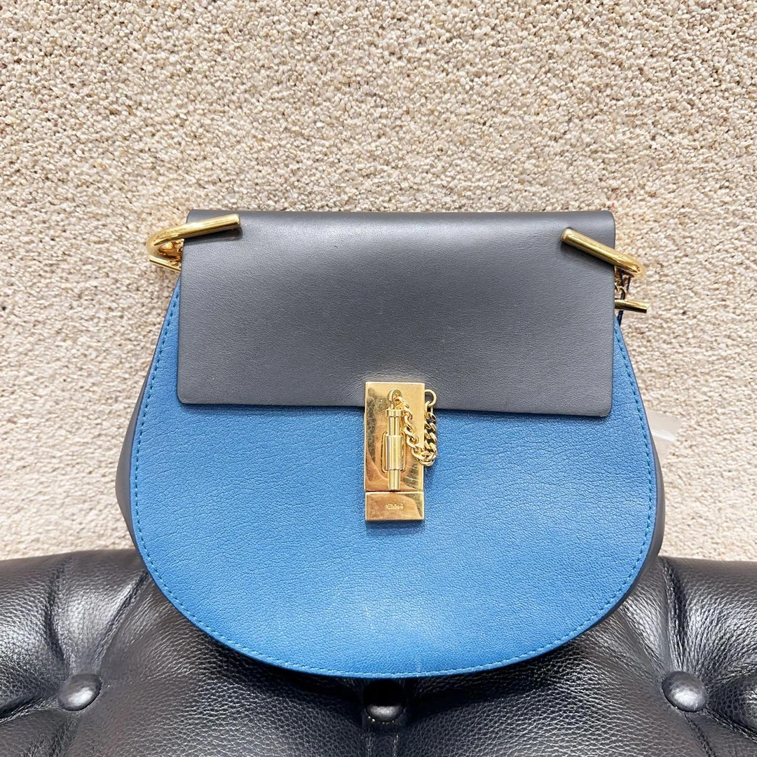 99新 Chloe/蔻依 蔻依/Chloe 黑色拼蓝色金扣小猪链条包/箱包/单
