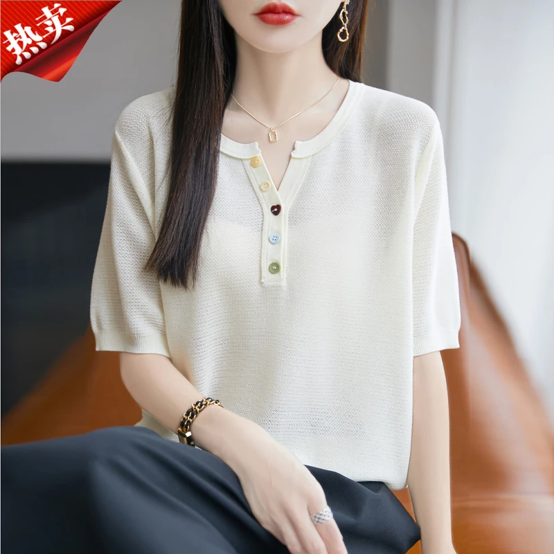 2025新款正品彩扣半开领针织衫短袖纯色时尚T恤上衣女装夏薄款