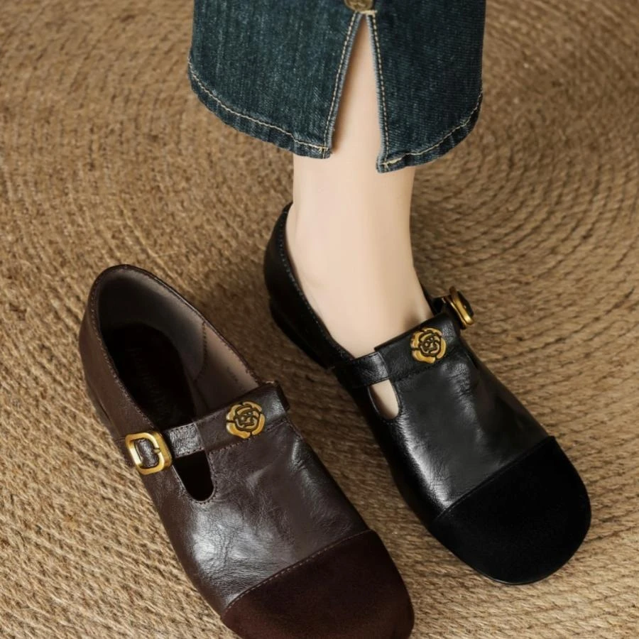 学院风复古手抓羊皮山茶花T字带玛丽珍小皮鞋软底圆头浅口单鞋女