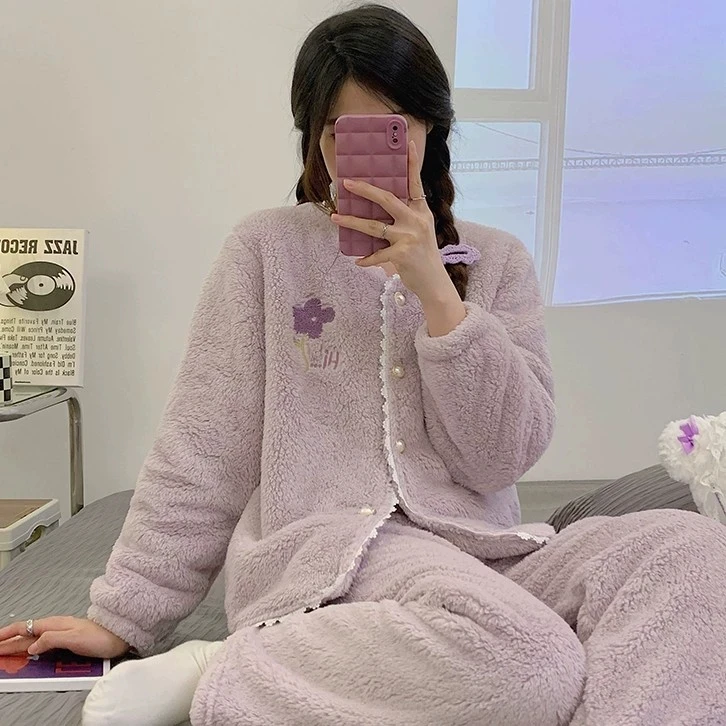 网红甜美风保暖亲肤双面一体舒棉绒套装家居服家居服套装