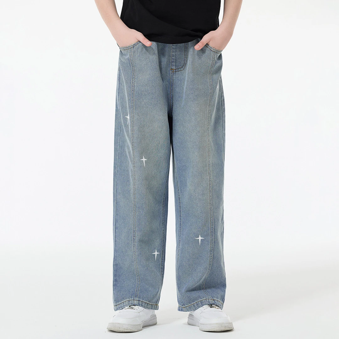 Kappa Kids卡帕新款夏季中大童宽松潮流休闲直筒复古儿童牛仔长裤