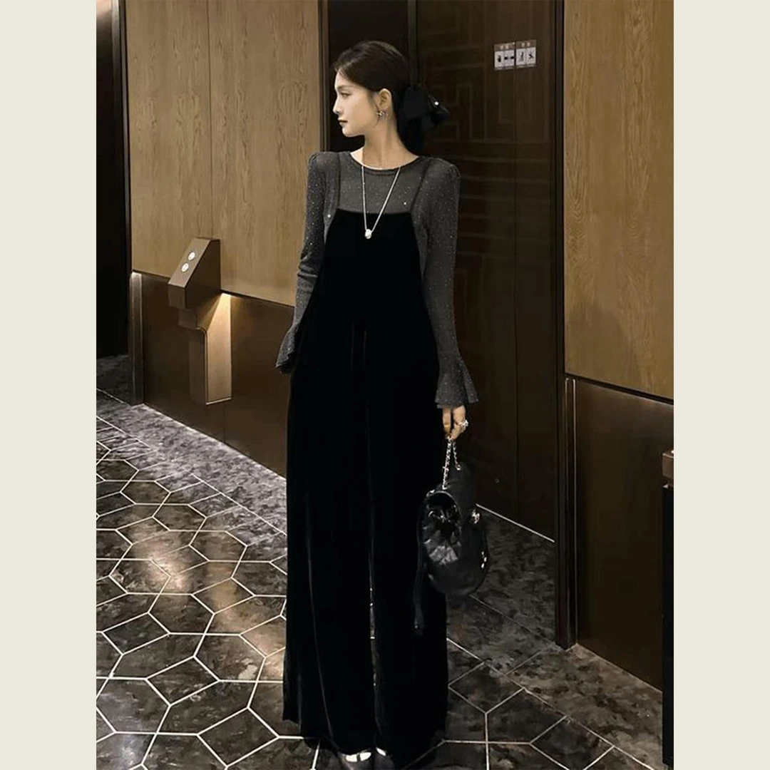 早秋独特绝美穿搭一整套轻熟风高级感上衣气质丝绒背带裤两件套女