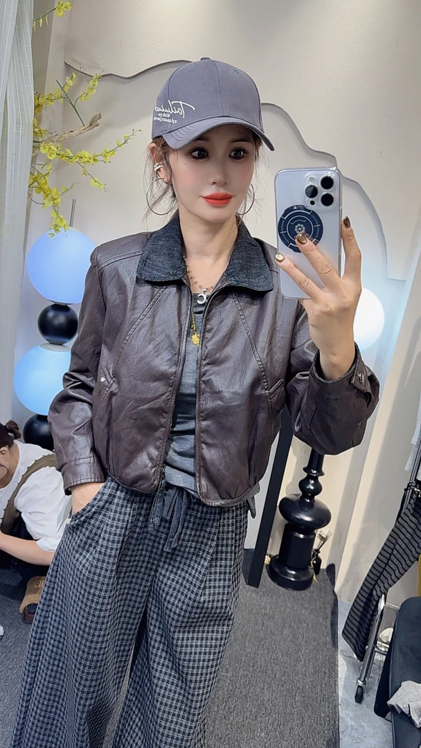 薄款翻领短外套皮夹克拉链显瘦短款黑色女装秋季女