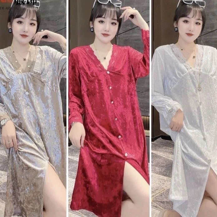 网红爆款家居服金丝绒睡衣大码长袖宽松显瘦新款春季时尚性感睡裙