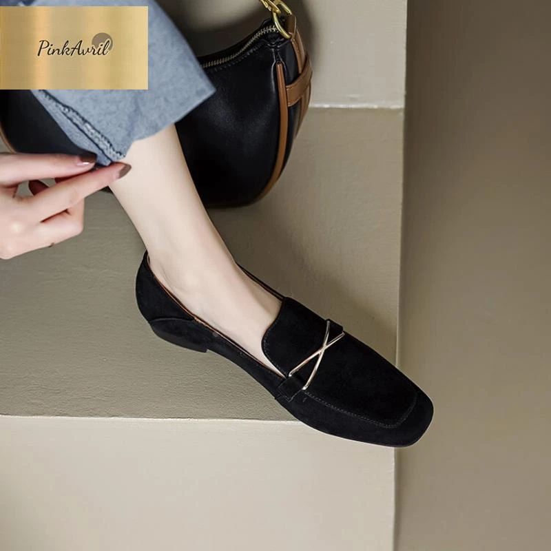 PinkAvril复古英伦方头磨砂乐福鞋女2025春夏新款气质通勤粗跟低