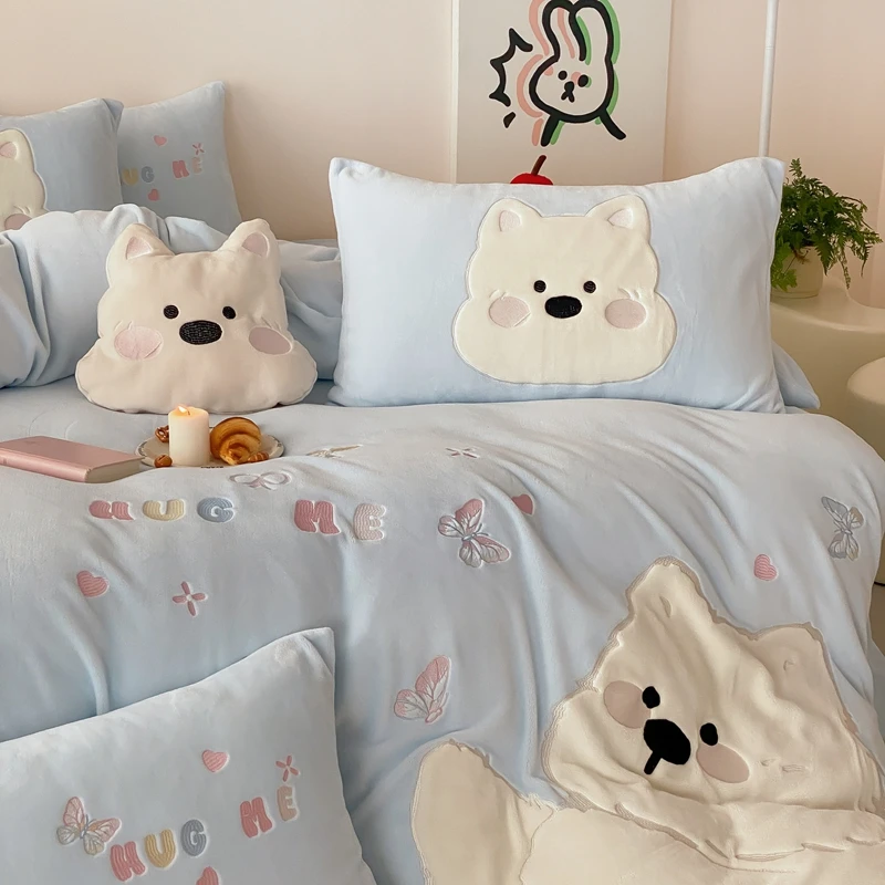 奶油蓝色牛奶绒保暖床上四件套冬天卡通珊瑚绒被套床单加绒床品