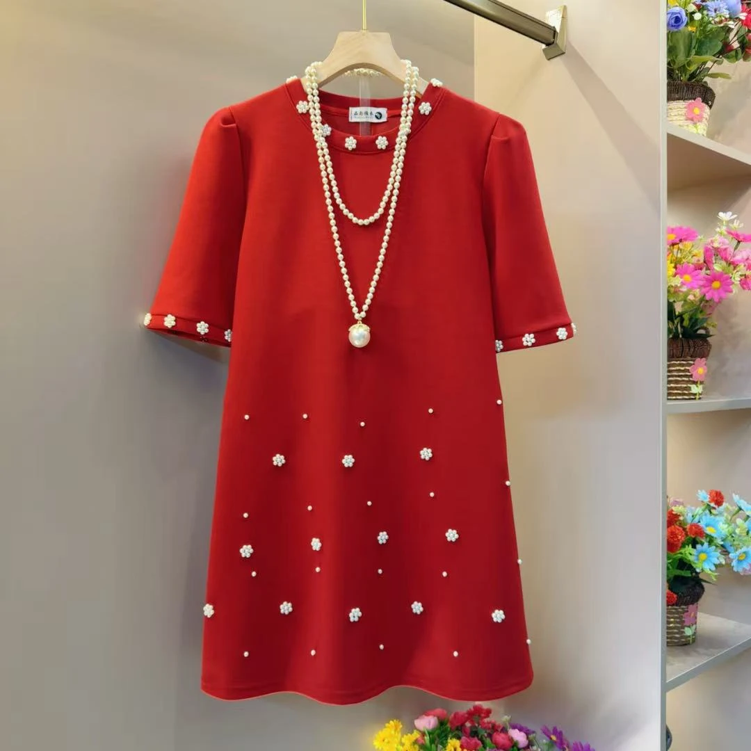 圆领欧货时髦轻奢重工花朵拼接休闲T恤大衫衣长80左右