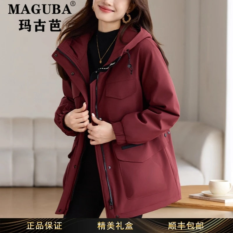 玛古芭女装冬季新款宽松保暖派克羽绒服女时尚休闲连帽白鸭绒外套