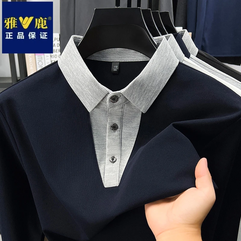 雅鹿假两件中青年时尚翻领长袖POLO衫春秋季高级感休闲宽松打底衫