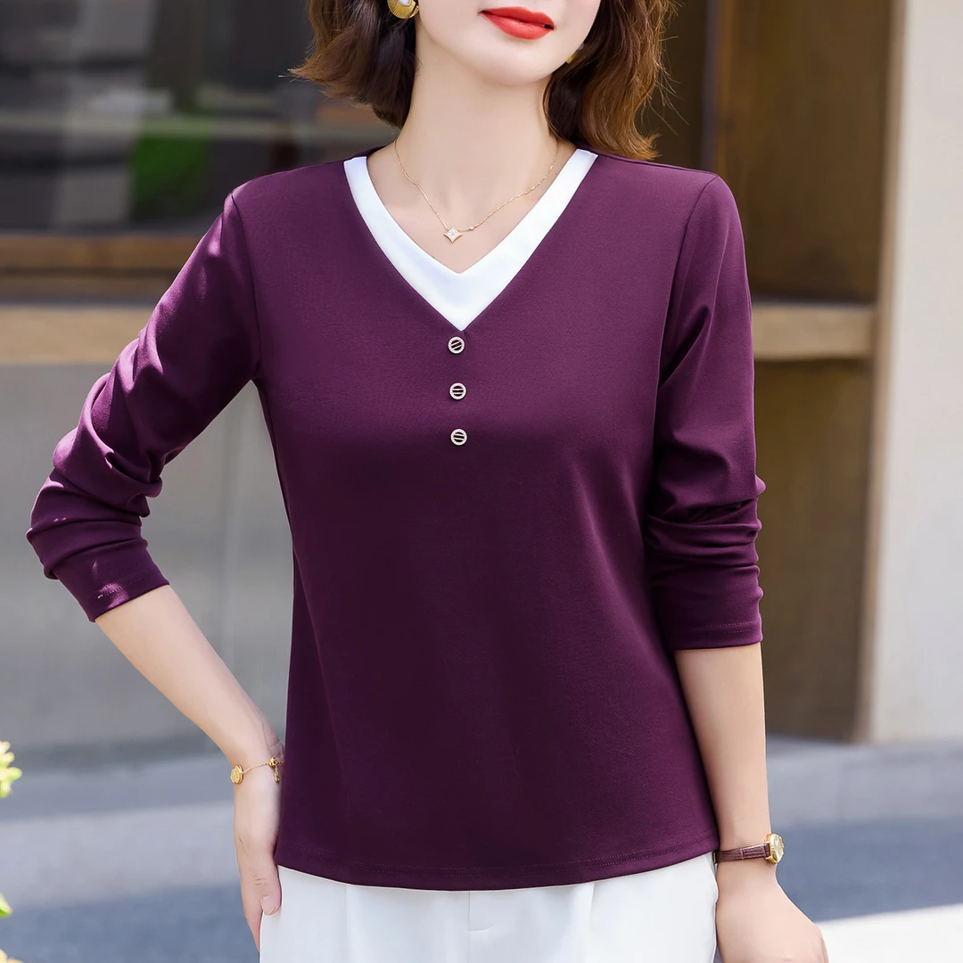 大码宽松v领时尚洋气打底衫女春秋薄款2025新款爆款女士长袖t恤
