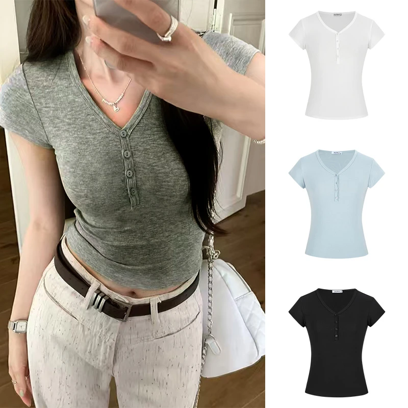 Moses Queen/魔西女王美式复古V领排扣短袖T恤修身显瘦短款62850