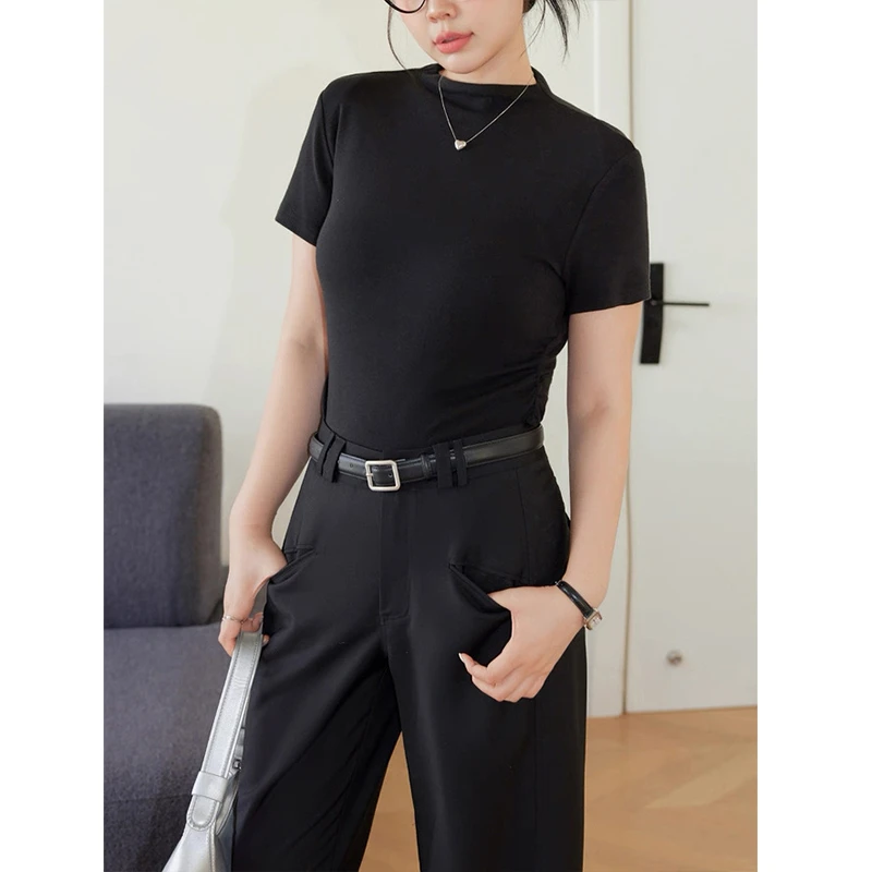 阿球【中领万能打底】微胖mm修身型女半高领短袖染色T恤纯色黑色