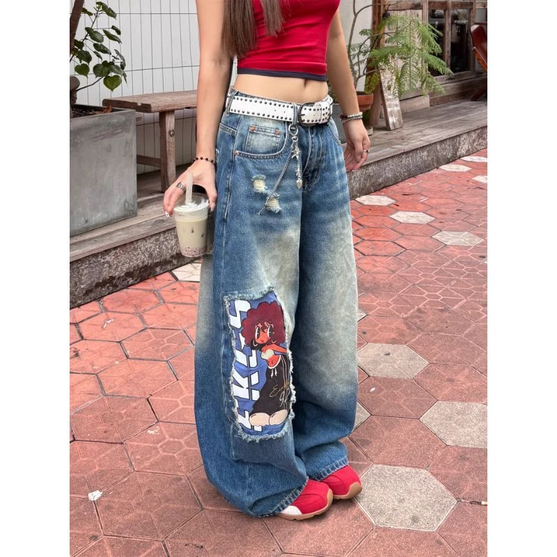 美式复古卡通贴布拼接牛仔裤男女vibe高街潮牌宽松休闲直筒阔腿裤