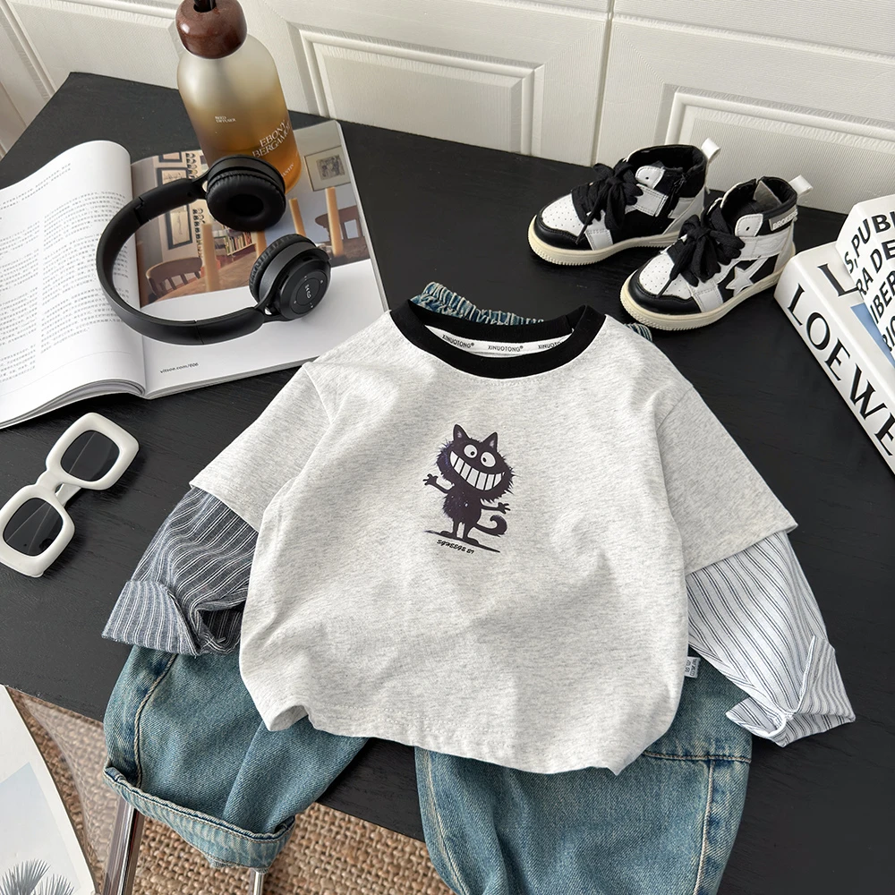 儿童2025韩版秋装新款男童长袖T恤百搭时尚条纹袖休闲假两件上衣