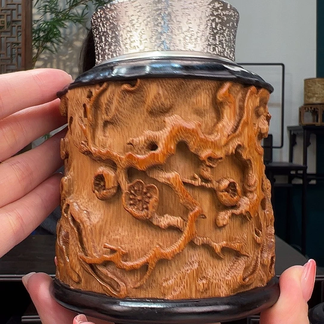 竹竹雕梅花茶叶罐