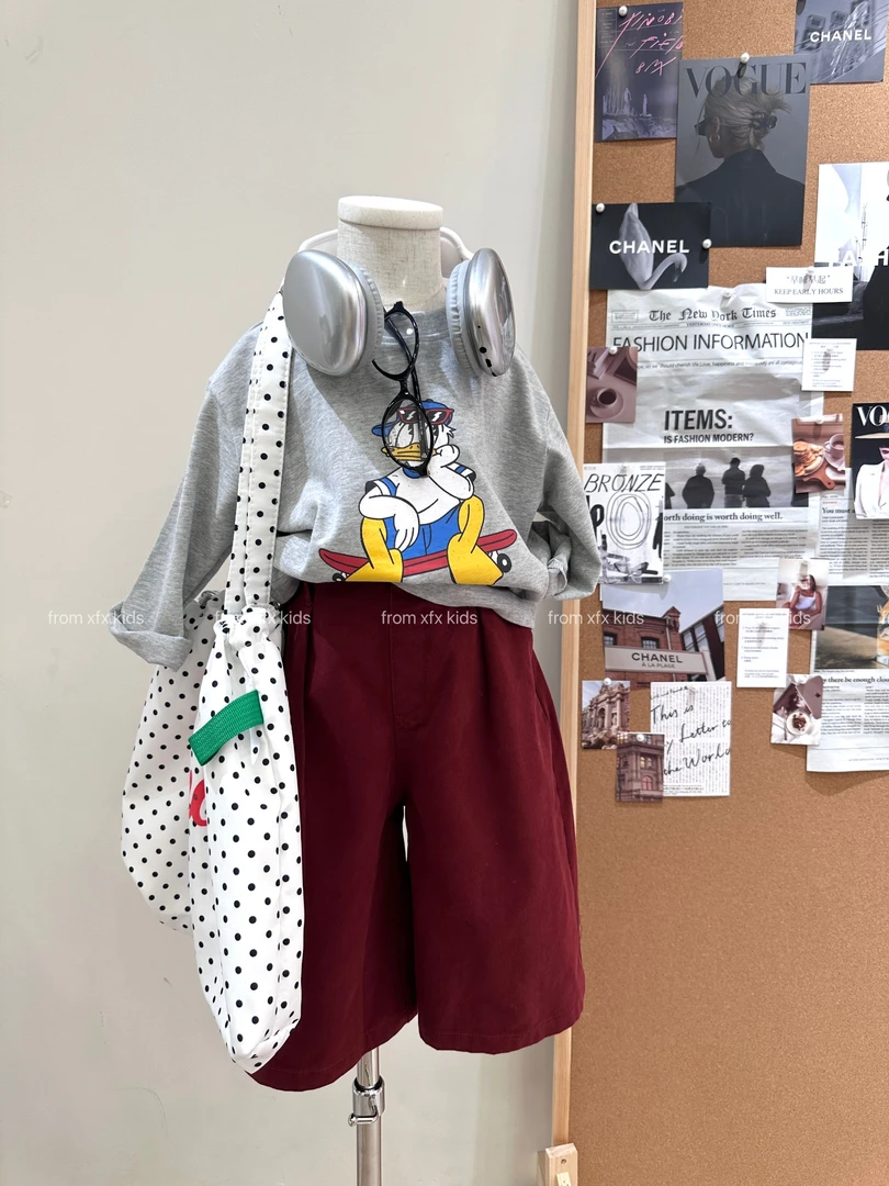 小粉象 ·女童2025秋季新款韩版休闲卡通T恤洋气纯色阔腿裤套装
