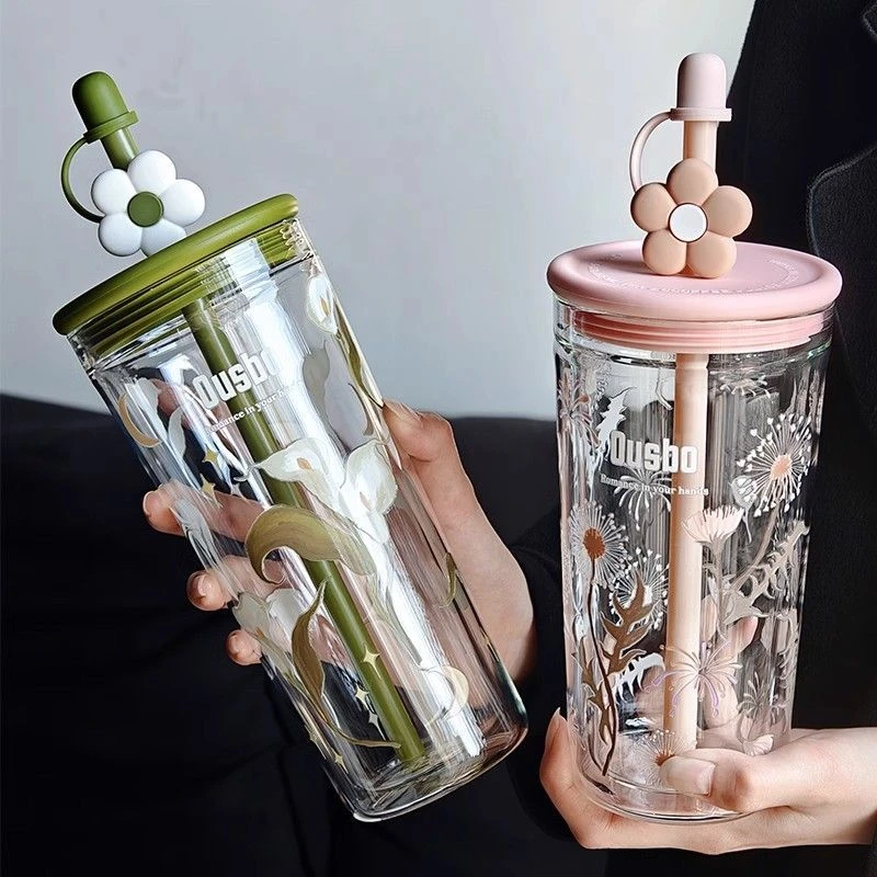 ousbo双层玻璃杯女高颜值25新款吸管杯耐高温大容量办公室咖啡杯